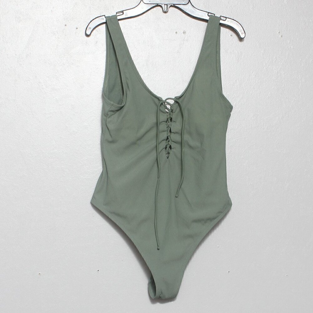 Xhilaration sage green ribbed lace up one piece swimsuit